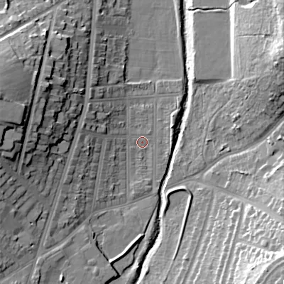 Shaded relief map of the ground around B297QH, computed from Environment Agency LiDAR. The ground here sits at about 118 m above sea level and falls 24 m across the surrounding 800 m. Surface water reaching this point runs off ground lying to the west-north-west, 18.6 m higher.