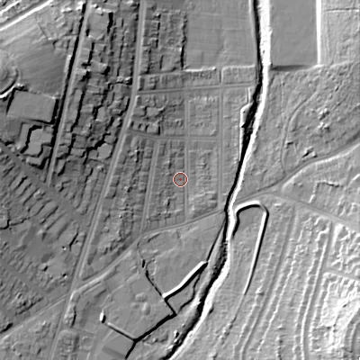 Shaded relief map of the ground around B297QJ, computed from Environment Agency LiDAR. The ground here sits at about 119 m above sea level and falls 25 m across the surrounding 800 m. Surface water reaching this point runs off ground lying to the west-north-west, 21.9 m higher.