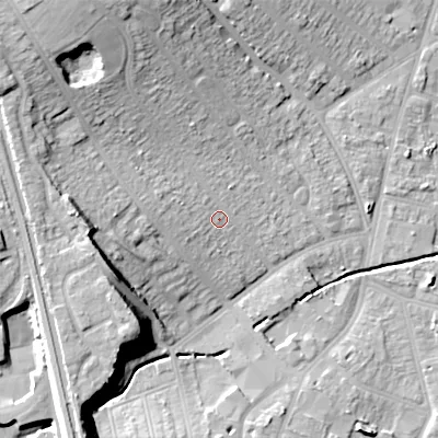 Shaded relief map of the ground around B297SL, computed from Environment Agency LiDAR. The ground here sits at about 128 m above sea level and falls 25 m across the surrounding 800 m. Surface water reaching this point runs off ground lying to the north-west, 18.4 m higher.