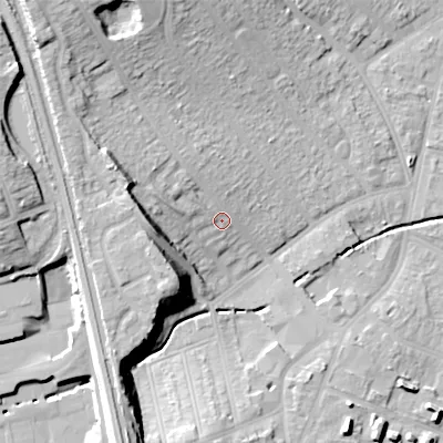 Shaded relief map of the ground around B297SQ, computed from Environment Agency LiDAR. The ground here sits at about 128 m above sea level and falls 24 m across the surrounding 800 m. Surface water reaching this point runs off ground lying to the north-west, 16.7 m higher.