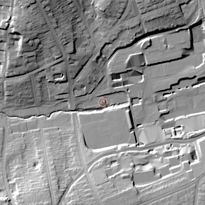 Shaded relief map of the ground around B301JR, computed from Environment Agency LiDAR. The ground here sits at about 130 m above sea level and falls 33 m across the surrounding 800 m. Surface water reaching this point runs off ground lying to the north-west, 29.3 m higher.
