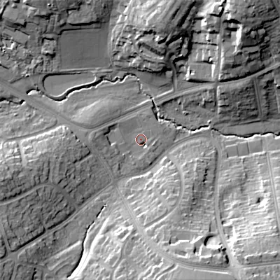 Shaded relief map of the ground around B301UL, computed from Environment Agency LiDAR. The ground here sits at about 133 m above sea level and falls 26 m across the surrounding 800 m. Surface water reaching this point runs off ground lying to the west-south-west, 2.6 m higher.