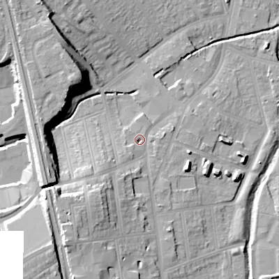 Shaded relief map of the ground around B302JU, computed from Environment Agency LiDAR. The ground here sits at about 126 m above sea level and falls 25 m across the surrounding 800 m. Surface water reaching this point runs off ground lying to the south-west, 16.9 m higher.