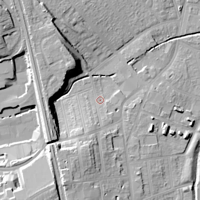 Shaded relief map of the ground around B302LA, computed from Environment Agency LiDAR. The ground here sits at about 126 m above sea level and falls 24 m across the surrounding 800 m. Surface water reaching this point runs off ground lying to the south-south-west, 7.5 m higher.