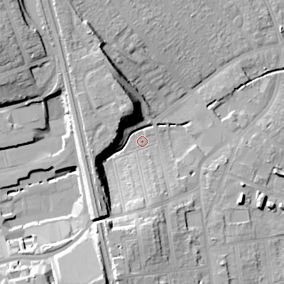 Shaded relief map of the ground around B302LE, computed from Environment Agency LiDAR. The ground here sits at about 125 m above sea level and falls 26 m across the surrounding 800 m. Surface water reaching this point runs off ground lying to the north-north-west, 17.3 m higher.
