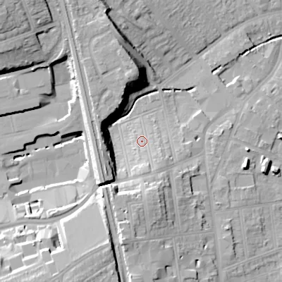 Shaded relief map of the ground around B302LG, computed from Environment Agency LiDAR. The ground here sits at about 128 m above sea level and falls 26 m across the surrounding 800 m. Surface water reaching this point runs off ground lying to the south, 12.5 m higher.