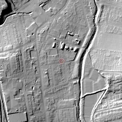 Shaded relief map of the ground around B302PL, computed from Environment Agency LiDAR. The ground here sits at about 126 m above sea level and falls 23 m across the surrounding 800 m. Surface water reaching this point runs off ground lying to the south-west, 17.2 m higher.