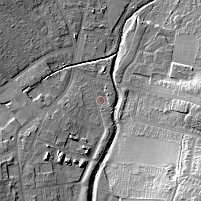 Shaded relief map of the ground around B302RA, computed from Environment Agency LiDAR. The ground here sits at about 123 m above sea level and falls 31 m across the surrounding 800 m. Surface water reaching this point runs off ground lying to the south-west, 10.8 m higher.
