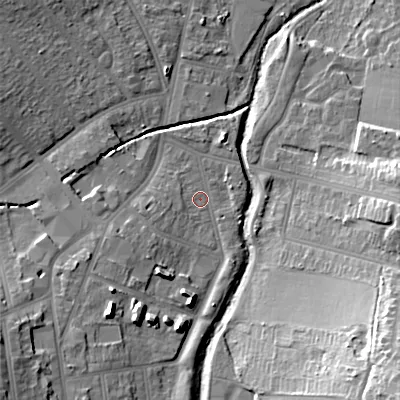 Shaded relief map of the ground around B302RB, computed from Environment Agency LiDAR. The ground here sits at about 123 m above sea level and falls 30 m across the surrounding 800 m. Surface water reaching this point runs off ground lying to the south-west, 10.9 m higher.