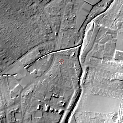 Shaded relief map of the ground around B302RD, computed from Environment Agency LiDAR. The ground here sits at about 123 m above sea level and falls 26 m across the surrounding 800 m. Surface water reaching this point runs off ground lying to the south-south-west, 9.1 m higher.
