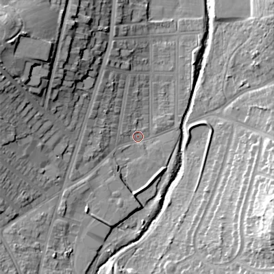 Shaded relief map of the ground around B302XH, computed from Environment Agency LiDAR. The ground here sits at about 119 m above sea level and falls 25 m across the surrounding 800 m. Surface water reaching this point runs off ground lying to the north-west, 21.7 m higher.