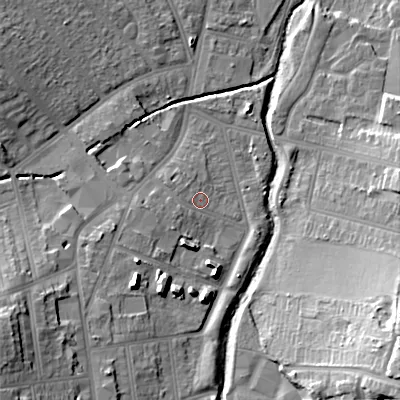 Shaded relief map of the ground around B302XY, computed from Environment Agency LiDAR. The ground here sits at about 124 m above sea level and falls 26 m across the surrounding 800 m. Surface water reaching this point runs off ground lying to the west-south-west, 2.7 m higher.