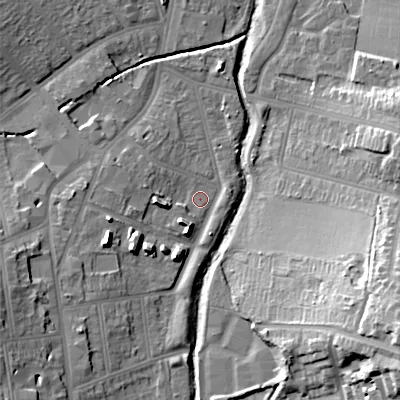Shaded relief map of the ground around B302XZ, computed from Environment Agency LiDAR. The ground here sits at about 123 m above sea level and falls 30 m across the surrounding 800 m. Surface water reaching this point runs off ground lying to the south-west, 12.9 m higher.