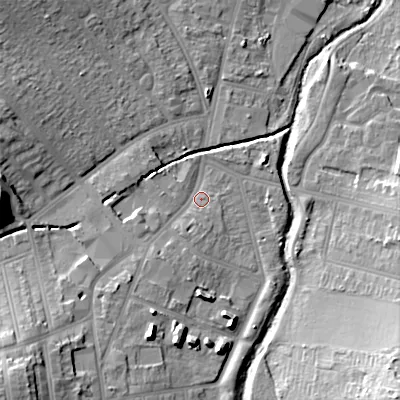 Shaded relief map of the ground around B302YA, computed from Environment Agency LiDAR. The ground here sits at about 123 m above sea level and falls 24 m across the surrounding 800 m. Surface water reaching this point runs off ground lying to the south-west, 15.8 m higher.