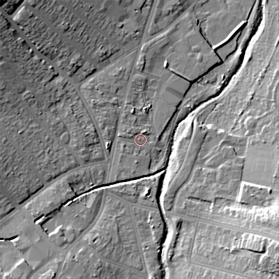 Shaded relief map of the ground around B302YE, computed from Environment Agency LiDAR. The ground here sits at about 122 m above sea level and falls 23 m across the surrounding 800 m. Surface water reaching this point runs off ground lying to the west-north-west, 10.1 m higher.