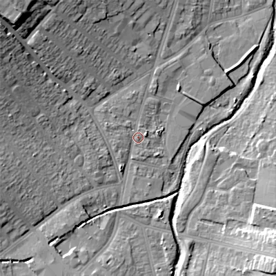 Shaded relief map of the ground around B302YG, computed from Environment Agency LiDAR. The ground here sits at about 123 m above sea level and falls 25 m across the surrounding 800 m. Surface water reaching this point runs off ground lying to the west-north-west, 12.1 m higher.