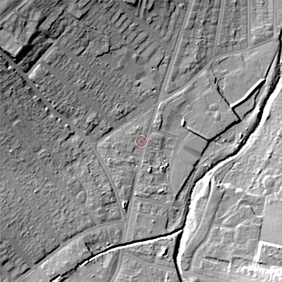 Shaded relief map of the ground around B302YJ, computed from Environment Agency LiDAR. The ground here sits at about 123 m above sea level and falls 27 m across the surrounding 800 m. Surface water reaching this point runs off ground lying to the west-north-west, 17.3 m higher.