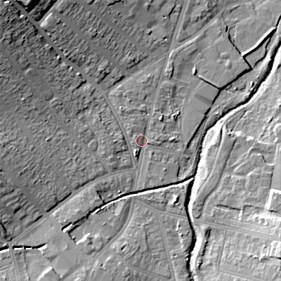 Shaded relief map of the ground around B302YN, computed from Environment Agency LiDAR. The ground here sits at about 123 m above sea level and falls 25 m across the surrounding 800 m. Surface water reaching this point runs off ground lying to the west-north-west, 14.0 m higher.