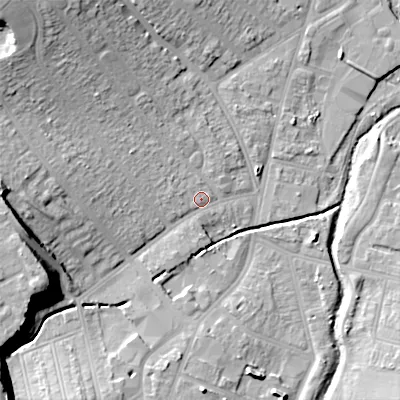 Shaded relief map of the ground around B302YP, computed from Environment Agency LiDAR. The ground here sits at about 126 m above sea level and falls 25 m across the surrounding 800 m. Surface water reaching this point runs off ground lying to the west-north-west, 1.1 m higher.