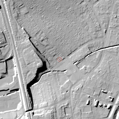 Shaded relief map of the ground around B302YQ, computed from Environment Agency LiDAR. The ground here sits at about 125 m above sea level and falls 23 m across the surrounding 800 m. Surface water reaching this point runs off ground lying to the north-west, 19.8 m higher.