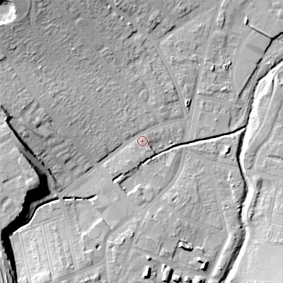 Shaded relief map of the ground around B302YS, computed from Environment Agency LiDAR. The ground here sits at about 125 m above sea level and falls 22 m across the surrounding 800 m. Surface water reaching this point runs off ground lying to the north-north-west, 1.9 m higher.