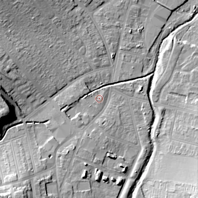 Shaded relief map of the ground around B302YT, computed from Environment Agency LiDAR. The ground here sits at about 123 m above sea level and falls 22 m across the surrounding 800 m. Surface water reaching this point runs off ground lying to the west, 17.8 m higher.