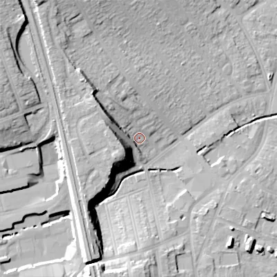 Shaded relief map of the ground around B302YW, computed from Environment Agency LiDAR. The ground here sits at about 127 m above sea level and falls 25 m across the surrounding 800 m. Surface water reaching this point runs off ground lying to the north-west, 13.3 m higher.