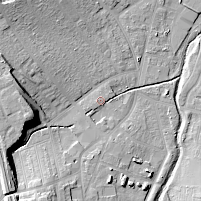 Shaded relief map of the ground around B302YX, computed from Environment Agency LiDAR. The ground here sits at about 125 m above sea level and falls 21 m across the surrounding 800 m. Surface water reaching this point runs off ground lying to the west-north-west, 18.0 m higher.