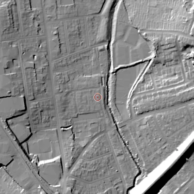 Shaded relief map of the ground around B303AP, computed from Environment Agency LiDAR. The ground here sits at about 127 m above sea level and falls 24 m across the surrounding 800 m. Surface water reaching this point runs off ground lying to the west-south-west, 1.3 m higher.
