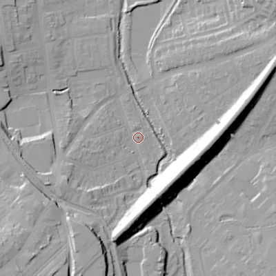 Shaded relief map of the ground around B303BU, computed from Environment Agency LiDAR. The ground here sits at about 127 m above sea level and falls 29 m across the surrounding 800 m. Surface water reaching this point runs off ground lying to the south-south-west, 19.5 m higher.