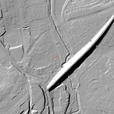 Shaded relief map of the ground around B303BY, computed from Environment Agency LiDAR. The ground here sits at about 127 m above sea level and falls 30 m across the surrounding 800 m. Surface water reaching this point runs off ground lying to the south-south-west, 19.1 m higher.