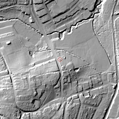 Shaded relief map of the ground around B303EU, computed from Environment Agency LiDAR. The ground here sits at about 146 m above sea level and falls 36 m across the surrounding 800 m. Surface water reaching this point runs off ground lying to the south-south-west, 11.9 m higher.