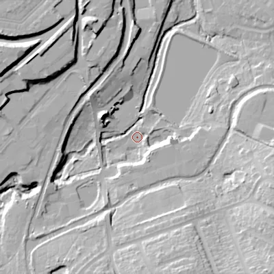Shaded relief map of the ground around B303JN, computed from Environment Agency LiDAR. The ground here sits at about 131 m above sea level and falls 29 m across the surrounding 800 m. Surface water reaching this point runs off ground lying to the north-west, 21.9 m higher.