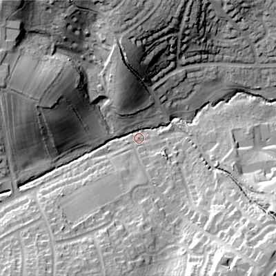 Shaded relief map of the ground around B311PN, computed from Environment Agency LiDAR. The ground here sits at about 156 m above sea level and falls 42 m across the surrounding 800 m. Surface water reaching this point runs off ground lying to the north-west, 37.6 m higher.