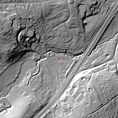 Shaded relief map of the ground around B312FG, computed from Environment Agency LiDAR. The ground here sits at about 139 m above sea level and falls 33 m across the surrounding 800 m. Surface water reaching this point runs off ground lying to the south-south-east, 24.0 m higher.