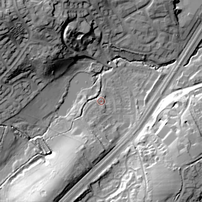 Shaded relief map of the ground around B312FL, computed from Environment Agency LiDAR. The ground here sits at about 144 m above sea level and falls 37 m across the surrounding 800 m. Surface water reaching this point runs off ground lying to the south-south-west, 5.1 m higher.