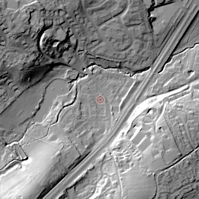 Shaded relief map of the ground around B312FN, computed from Environment Agency LiDAR. The ground here sits at about 141 m above sea level and falls 35 m across the surrounding 800 m. Surface water reaching this point runs off ground lying to the south-west, 21.8 m higher.