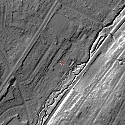 Shaded relief map of the ground around B312GA, computed from Environment Agency LiDAR. The ground here sits at about 161 m above sea level and falls 24 m across the surrounding 800 m. Surface water reaching this point runs off ground lying to the north, 2.4 m higher.