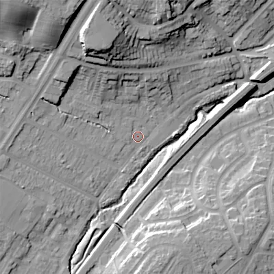 Shaded relief map of the ground around B312RP, computed from Environment Agency LiDAR. The ground here sits at about 156 m above sea level and falls 38 m across the surrounding 800 m. Surface water reaching this point runs off ground lying to the north-west, 29.7 m higher.