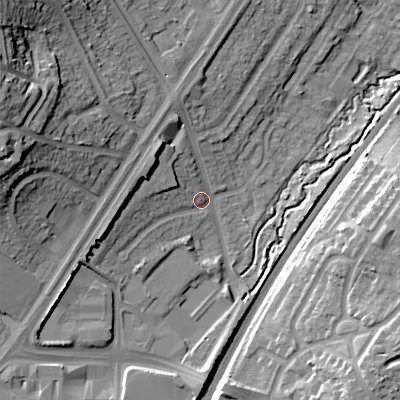 Shaded relief map of the ground around B312SF, computed from Environment Agency LiDAR. The ground here sits at about 165 m above sea level and falls 32 m across the surrounding 800 m. Surface water reaching this point runs off ground lying to the west-south-west, 8.8 m higher.