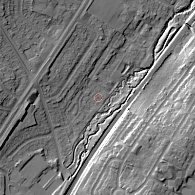 Shaded relief map of the ground around B312YP, computed from Environment Agency LiDAR. The ground here sits at about 161 m above sea level and falls 23 m across the surrounding 800 m. Surface water reaching this point runs off ground lying to the west, 4.6 m higher.