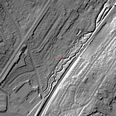 Shaded relief map of the ground around B312YR, computed from Environment Agency LiDAR. The ground here sits at about 162 m above sea level and falls 22 m across the surrounding 800 m. Surface water reaching this point runs off ground lying to the west-south-west, 12.1 m higher.