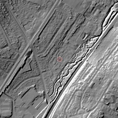 Shaded relief map of the ground around B312YS, computed from Environment Agency LiDAR. The ground here sits at about 162 m above sea level and falls 25 m across the surrounding 800 m. Surface water reaching this point runs off ground lying to the west, 10.3 m higher.