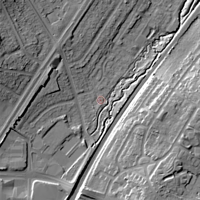 Shaded relief map of the ground around B312YU, computed from Environment Agency LiDAR. The ground here sits at about 163 m above sea level and falls 26 m across the surrounding 800 m. Surface water reaching this point runs off ground lying to the west, 1.5 m higher.