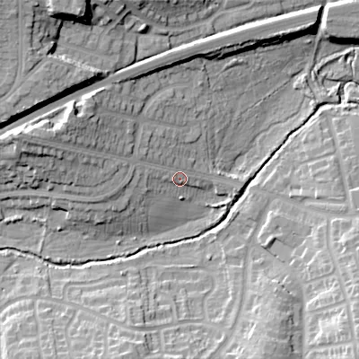 Shaded relief map of the ground around B313AP, computed from Environment Agency LiDAR. The ground here sits at about 148 m above sea level and falls 29 m across the surrounding 800 m. Surface water reaching this point runs off ground lying to the west-north-west, 14.7 m higher.