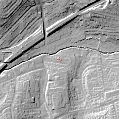 Shaded relief map of the ground around B313TH, computed from Environment Agency LiDAR. The ground here sits at about 150 m above sea level and falls 30 m across the surrounding 800 m. Surface water reaching this point runs off ground lying to the south, 5.0 m higher.