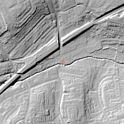 Shaded relief map of the ground around B313TQ, computed from Environment Agency LiDAR. The ground here sits at about 148 m above sea level and falls 30 m across the surrounding 800 m. Surface water reaching this point runs off ground lying to the north-west, 28.3 m higher.