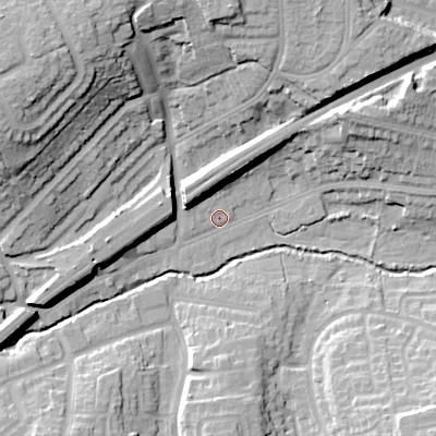 Shaded relief map of the ground around B313UD, computed from Environment Agency LiDAR. The ground here sits at about 148 m above sea level and falls 30 m across the surrounding 800 m. Surface water reaching this point runs off ground lying to the north-west, 26.6 m higher.