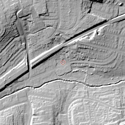 Shaded relief map of the ground around B313UG, computed from Environment Agency LiDAR. The ground here sits at about 147 m above sea level and falls 28 m across the surrounding 800 m. Surface water reaching this point runs off ground lying to the north-west, 25.4 m higher.