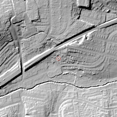 Shaded relief map of the ground around B313UH, computed from Environment Agency LiDAR. The ground here sits at about 150 m above sea level and falls 28 m across the surrounding 800 m. Surface water reaching this point runs off ground lying to the north-east, 12.8 m higher.